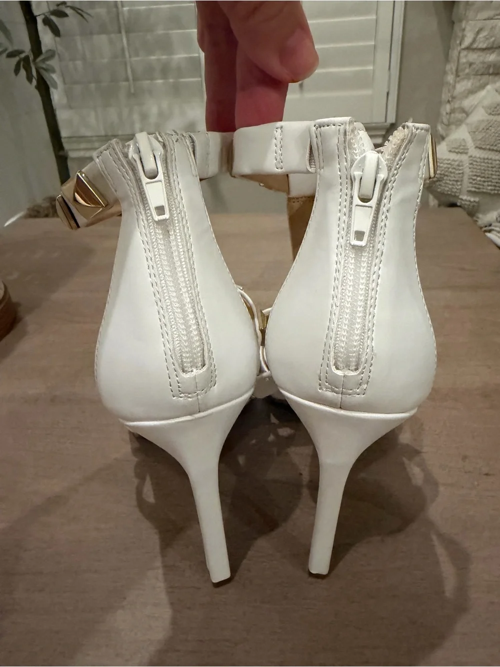 NEW INC White T-Strap Pointed High Heel with Gold Studs 10M